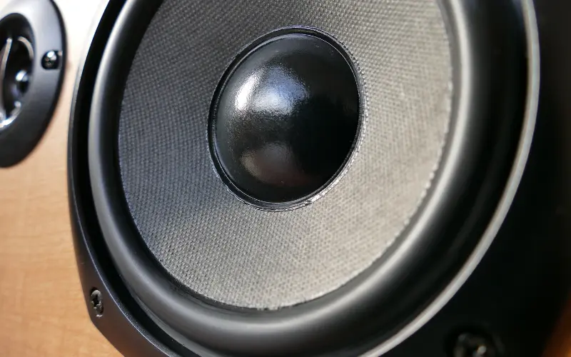 Close-up of a damaged internal TV speaker causing crackling audio, replaced during an affordable TV repair in Hyderabad.