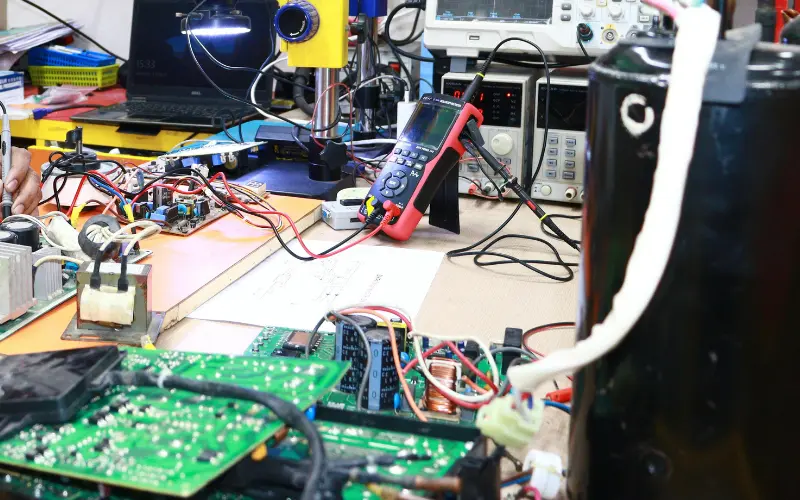 Damaged TV power supply board caused by voltage fluctuations, being inspected by the best TV repair services in Hyderabad.