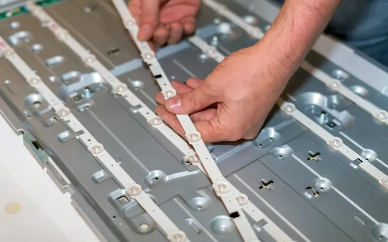 Replacing burnt-out LED backlight strips to fix a TV with sound but no picture during a Samsung TV repair in Hyderabad.