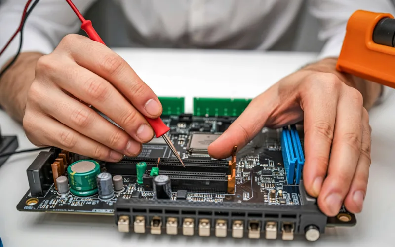 Experienced technician evaluating an older Smart TV motherboard to provide affordable TV repair in Hyderabad.