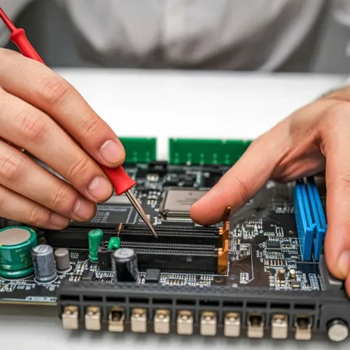 Experienced technician evaluating an older Smart TV motherboard to provide affordable TV repair in Hyderabad.